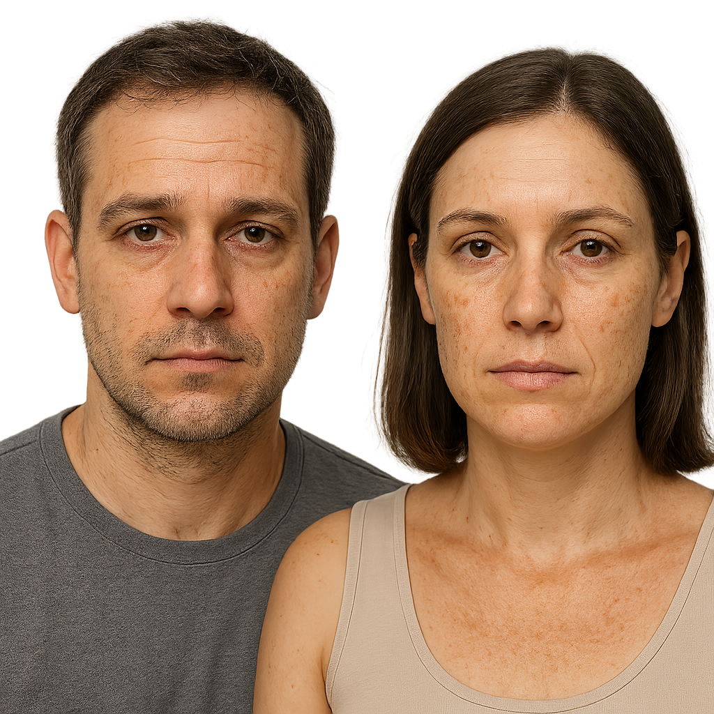Middle-aged couple with visible signs of aging such as wrinkles, fine lines, dark spots, and sagging skin after 40, highlighting common skin problems and the need for Luméa Anti-Aging Serum for youthful, radiant skin.