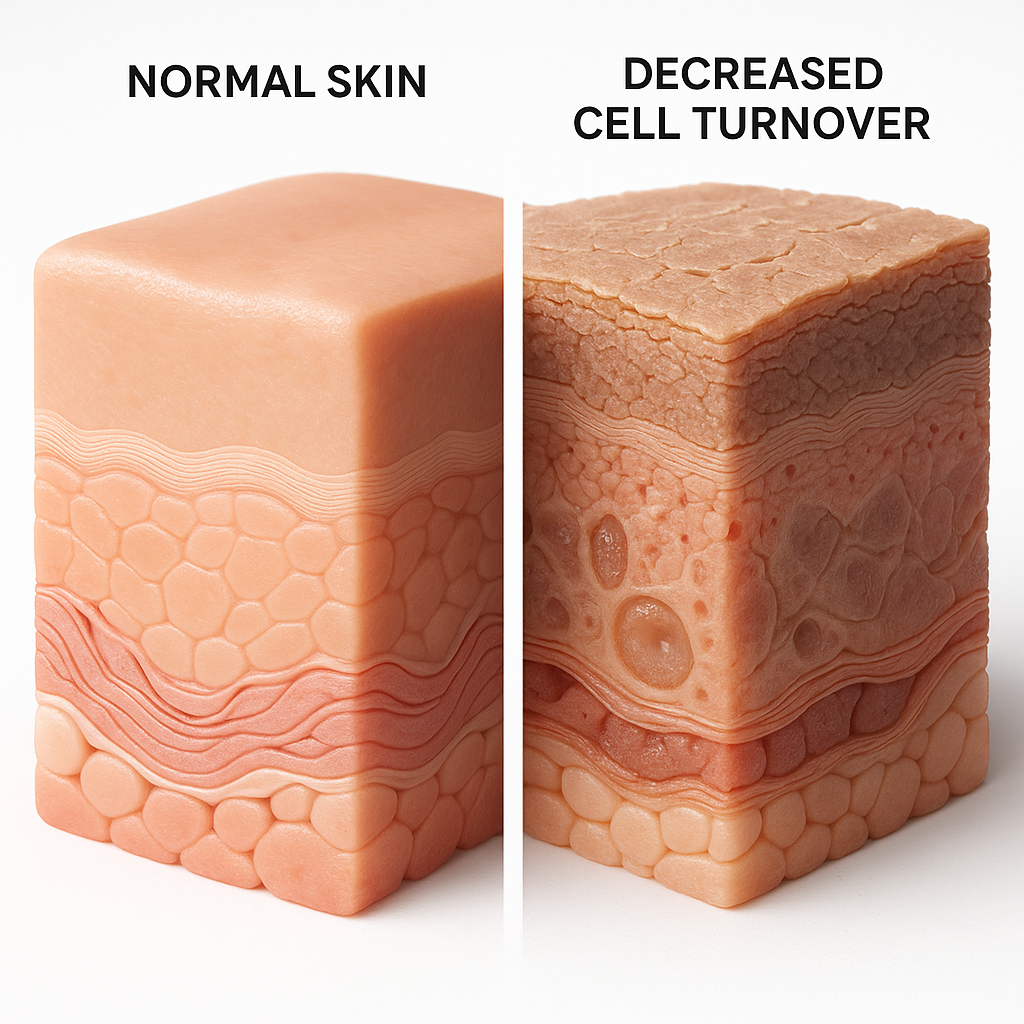 Skin comparison image showing low cell turnover with dull, uneven, and aging skin versus healthy cell turnover with smooth, bright, and youthful skin. Highlights how Luméa Anti-Aging Serum boosts skin renewal, accelerates cell regeneration, reduces wrinkles, fades dark spots, and restores radiant glow