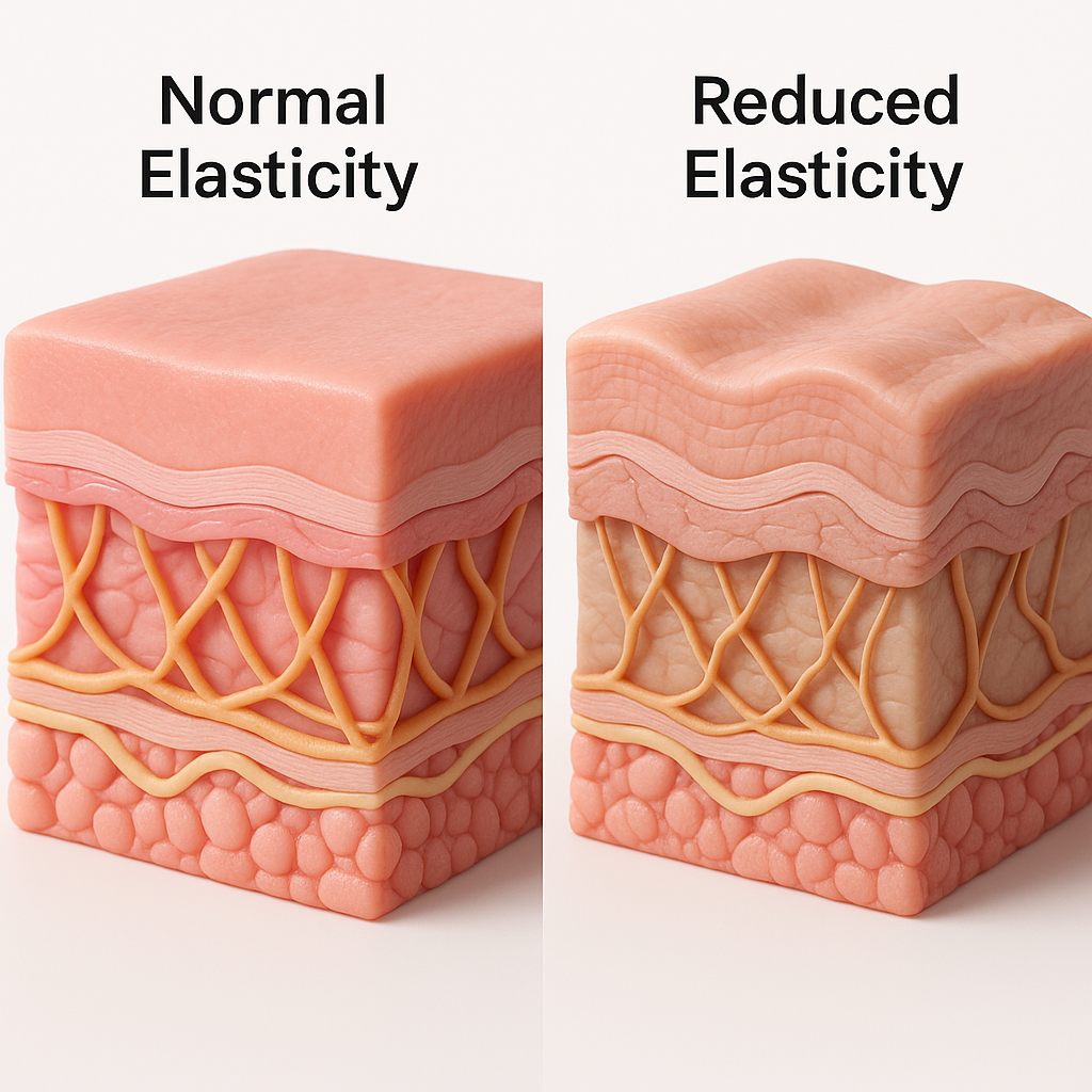 Skin comparison image showing poor skin elasticity with sagging, wrinkles, and loose texture versus healthy skin with firm, tight, and youthful appearance. Demonstrates how Luméa Anti-Aging Serum improves skin elasticity, boosts collagen and elastin, reduces sagging, and restores firm radiant skin
