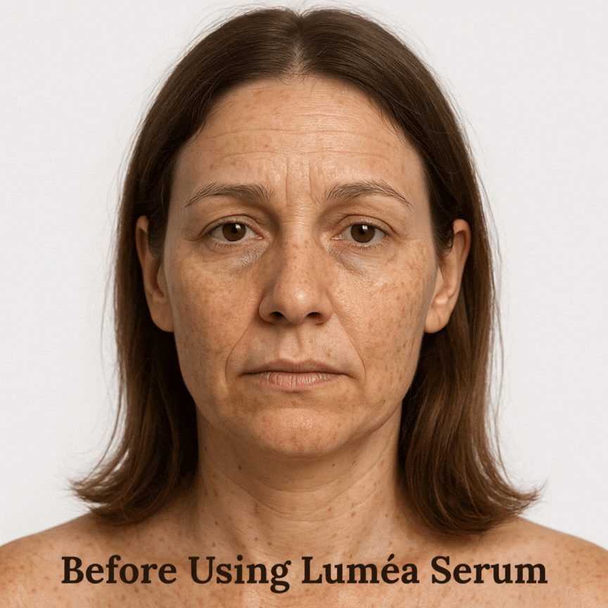 Before and after comparison of a woman’s face showing visible skin transformation with Luméa Anti-Aging Serum — reduction of wrinkles, fine lines, dark spots, and sagging skin, resulting in smoother, firmer, brighter, and youthful-looking skin. Best anti-aging serum for wrinkles, pigmentation, and collagen boost.