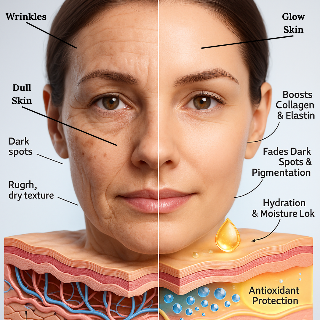 Illustration showing how an anti-aging serum works on skin — penetrating deep with peptides, retinol, vitamin C, antioxidants, and hydration boosters to stimulate collagen and elastin, reduce wrinkles, fade dark spots and pigmentation, improve skin texture, provide deep moisture, protect from free radicals, and deliver youthful radiant skin with Luméa Anti-Aging Serum