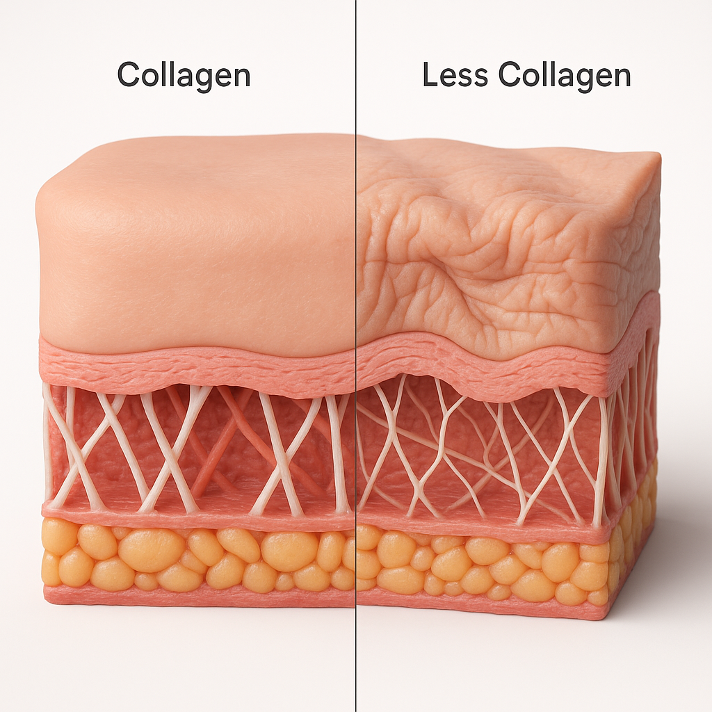 Skin comparison image showing low collagen production with wrinkles, sagging, and dullness versus healthy collagen production with firm, smooth, and youthful skin. Demonstrates how Luméa Anti-Aging Serum boosts collagen and elastin for wrinkle reduction, skin tightening, and radiant glow.