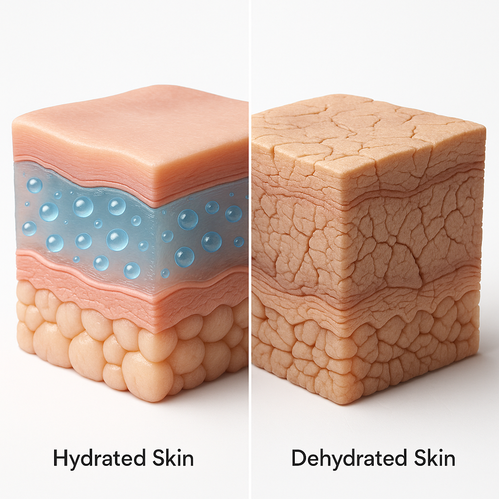 Skin comparison image showing low hydration with dryness, rough texture, and fine lines versus healthy hydration with plump, smooth, and glowing skin. Demonstrates how Luméa Anti-Aging Serum provides deep hydration, locks in moisture, reduces dryness, and restores radiant youthful skin.