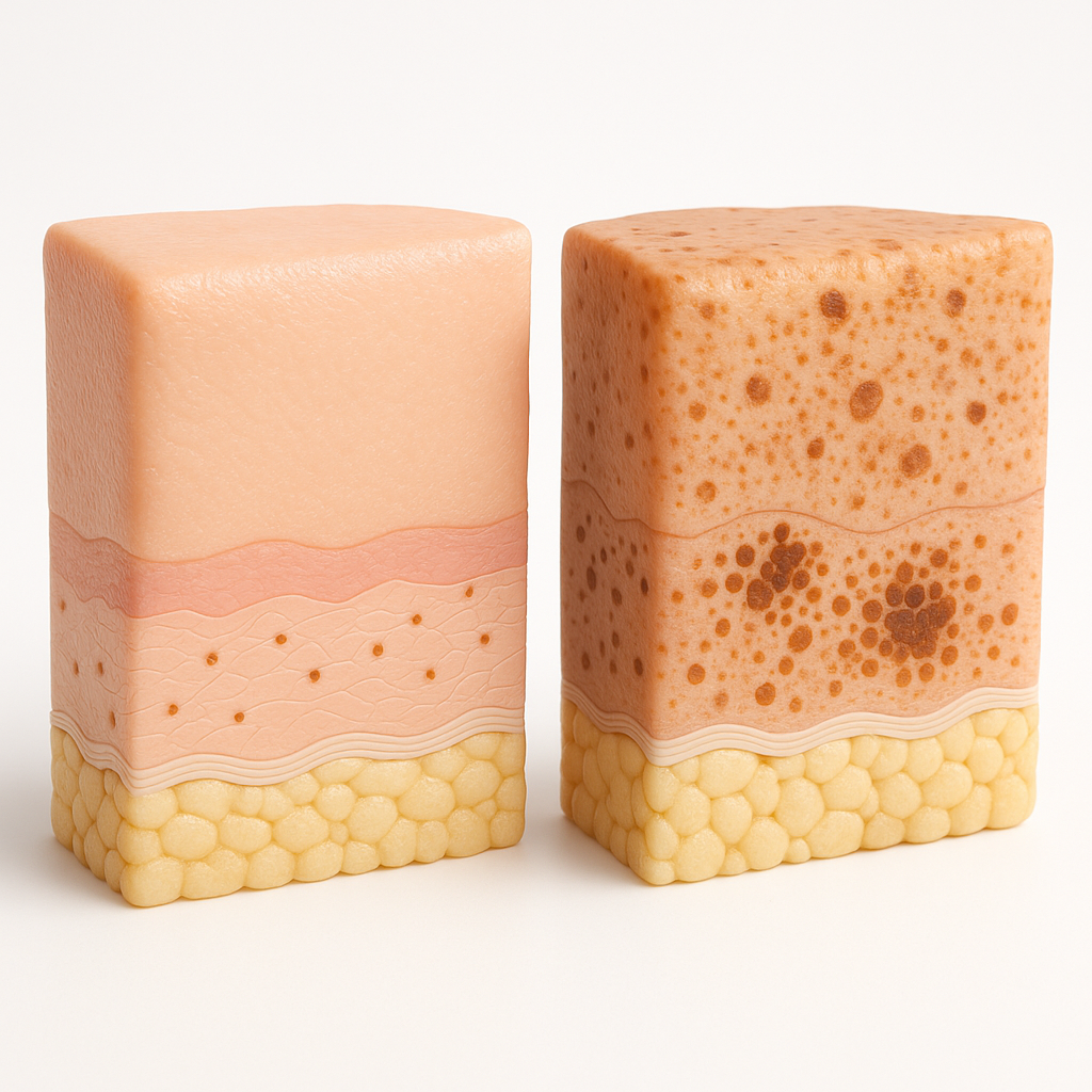 Skin comparison image showing sun-damaged skin with dark spots, pigmentation, and uneven tone versus healthy skin with clear, bright, and even complexion. Highlights how Luméa Anti-Aging Serum repairs sun damage, fades pigmentation, reduces dark spots, and restores healthy glowing skin.